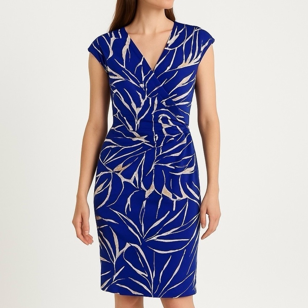 RALPH LAUREN Wrap Dress Ruched Waist Cap Sleeve Royal Blue Cream Yellow 10